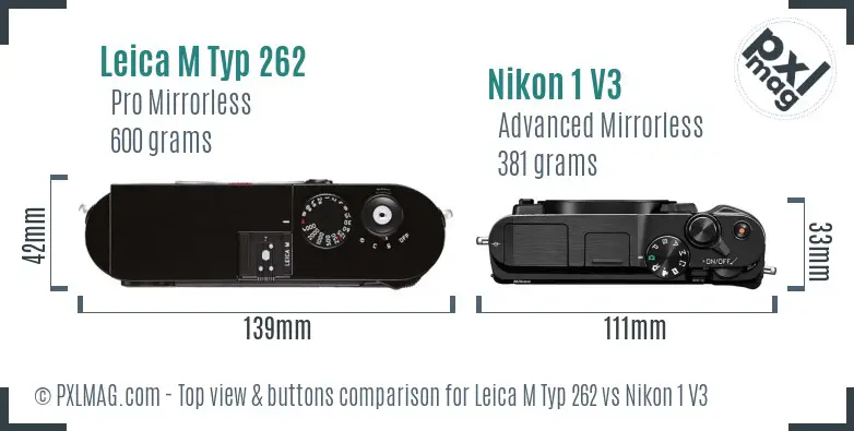 Leica M Typ 262 vs Nikon 1 V3 top view buttons comparison