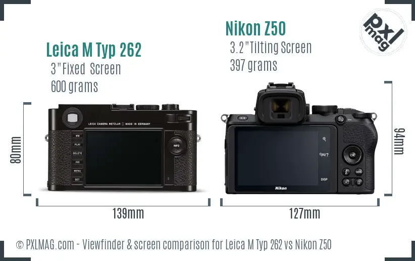Leica M Typ 262 vs Nikon Z50 Screen and Viewfinder comparison