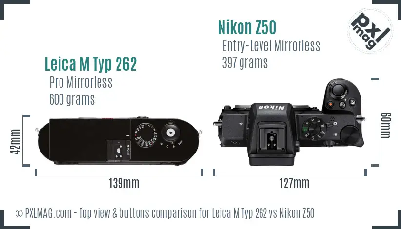 Leica M Typ 262 vs Nikon Z50 top view buttons comparison