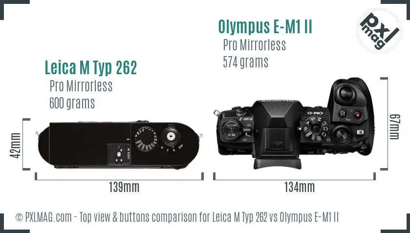 Leica M Typ 262 vs Olympus E-M1 II top view buttons comparison