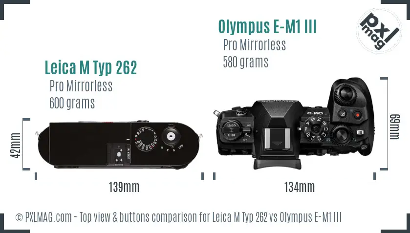 Leica M Typ 262 vs Olympus E-M1 III top view buttons comparison