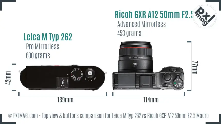 Leica M Typ 262 vs Ricoh GXR A12 50mm F2.5 Macro top view buttons comparison