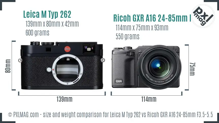 Leica M Typ 262 vs Ricoh GXR A16 24-85mm F3.5-5.5 size comparison