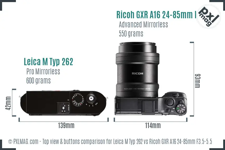 Leica M Typ 262 vs Ricoh GXR A16 24-85mm F3.5-5.5 top view buttons comparison