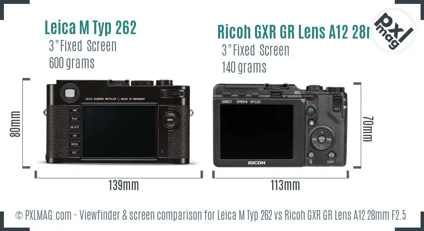 Leica M Typ 262 vs Ricoh GXR GR Lens A12 28mm F2.5 Screen and Viewfinder comparison
