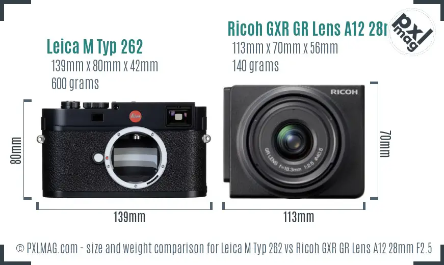 Leica M Typ 262 vs Ricoh GXR GR Lens A12 28mm F2.5 size comparison