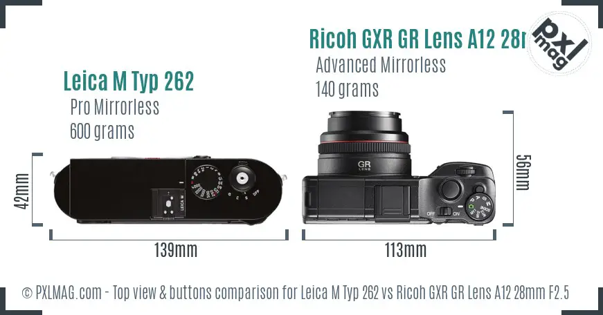 Leica M Typ 262 vs Ricoh GXR GR Lens A12 28mm F2.5 top view buttons comparison