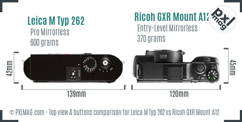 Leica M Typ 262 vs Ricoh GXR Mount A12 top view buttons comparison