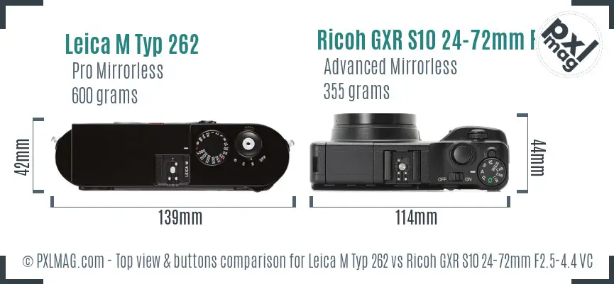 Leica M Typ 262 vs Ricoh GXR S10 24-72mm F2.5-4.4 VC top view buttons comparison