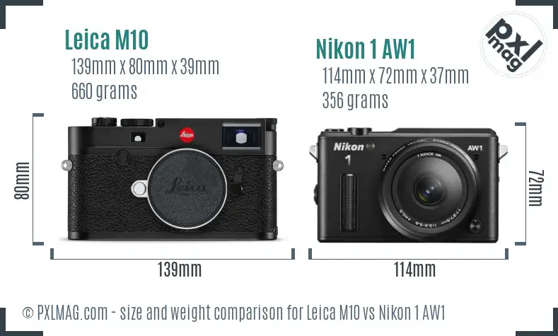 Leica M10 vs Nikon 1 AW1 size comparison