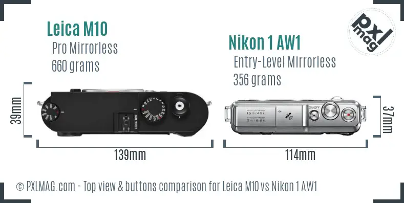 Leica M10 vs Nikon 1 AW1 top view buttons comparison