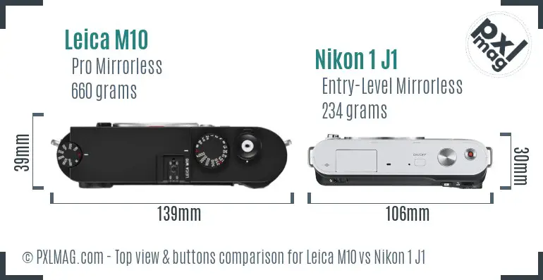 Leica M10 vs Nikon 1 J1 top view buttons comparison