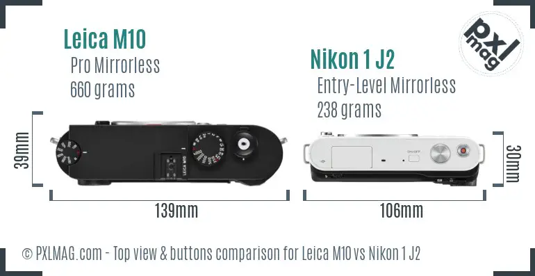 Leica M10 vs Nikon 1 J2 top view buttons comparison