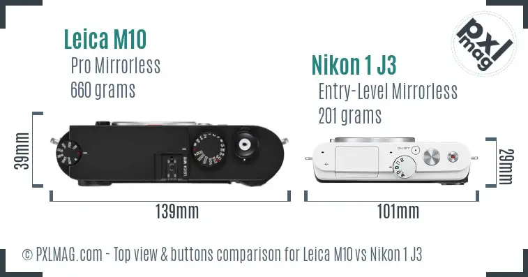 Leica M10 vs Nikon 1 J3 top view buttons comparison