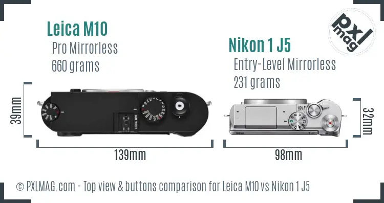 Leica M10 vs Nikon 1 J5 top view buttons comparison