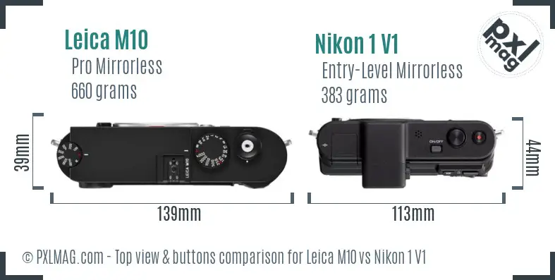 Leica M10 vs Nikon 1 V1 top view buttons comparison