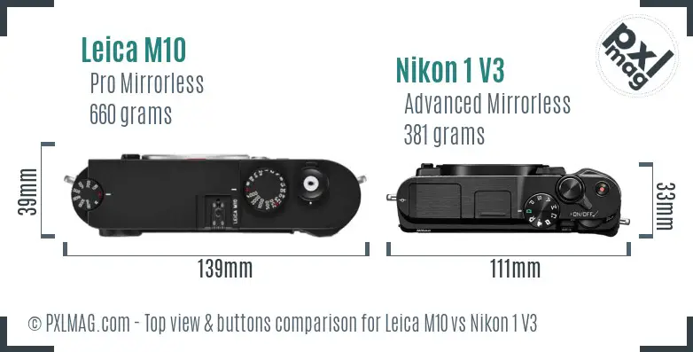 Leica M10 vs Nikon 1 V3 top view buttons comparison