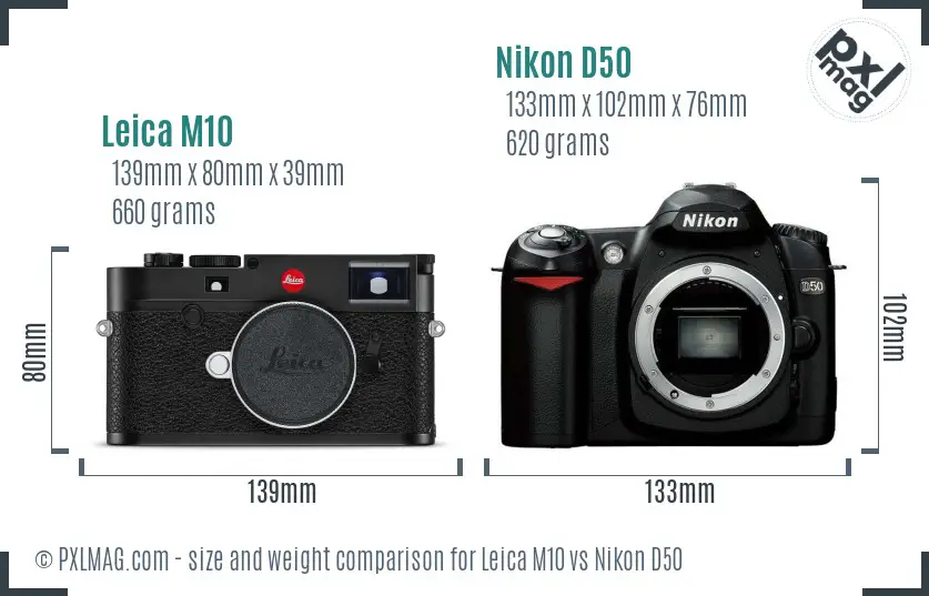 Leica M10 vs Nikon D50 size comparison