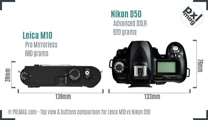 Leica M10 vs Nikon D50 top view buttons comparison