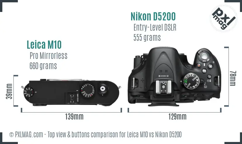 Leica M10 vs Nikon D5200 top view buttons comparison