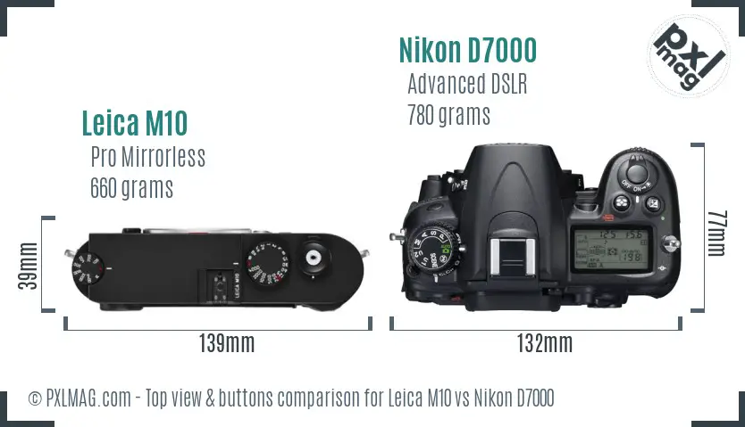 Leica M10 vs Nikon D7000 top view buttons comparison