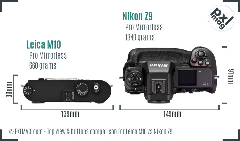 Leica M10 vs Nikon Z9 top view buttons comparison