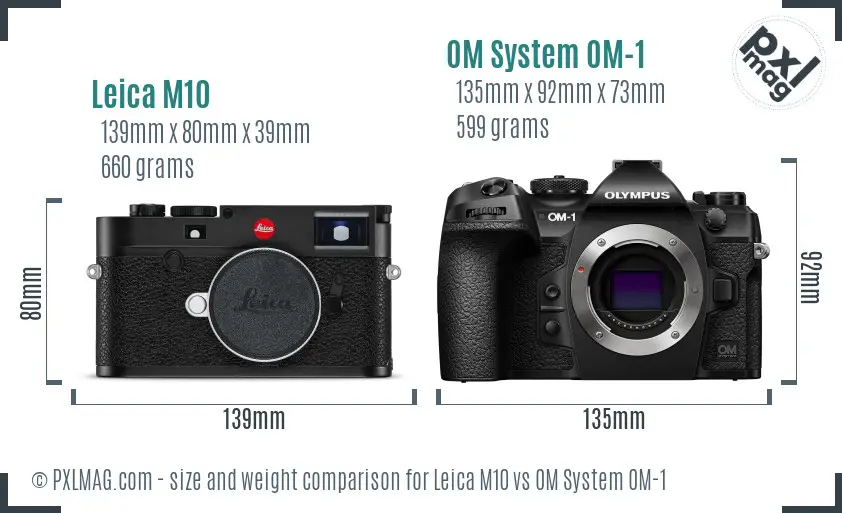 Leica M10 vs OM System OM-1 size comparison