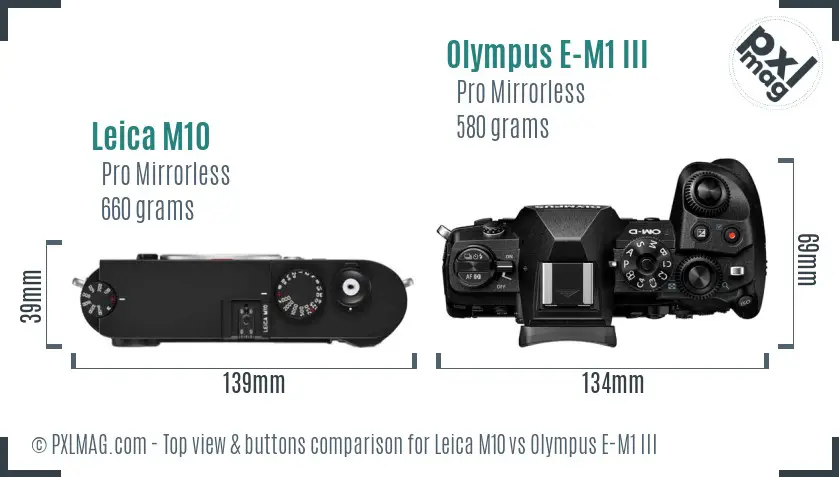Leica M10 vs Olympus E-M1 III top view buttons comparison