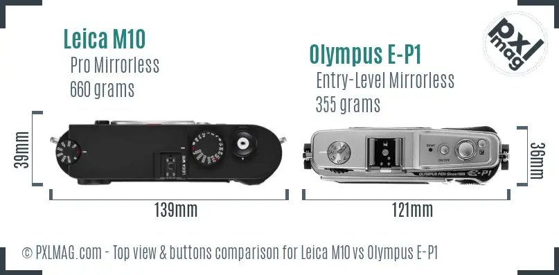 Leica M10 vs Olympus E-P1 top view buttons comparison Leica M10 vs Olympus E-P1 top view buttons comparison