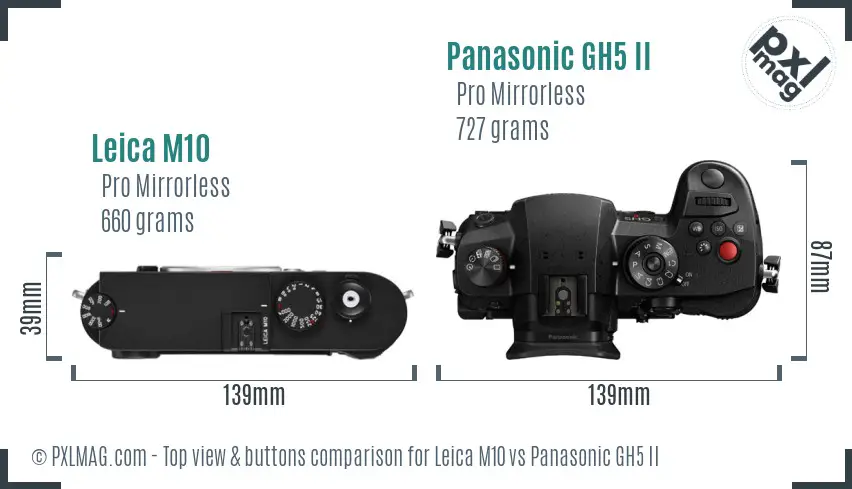 Leica M10 vs Panasonic GH5 II top view buttons comparison Leica M10 vs Panasonic GH5 II top view buttons comparison