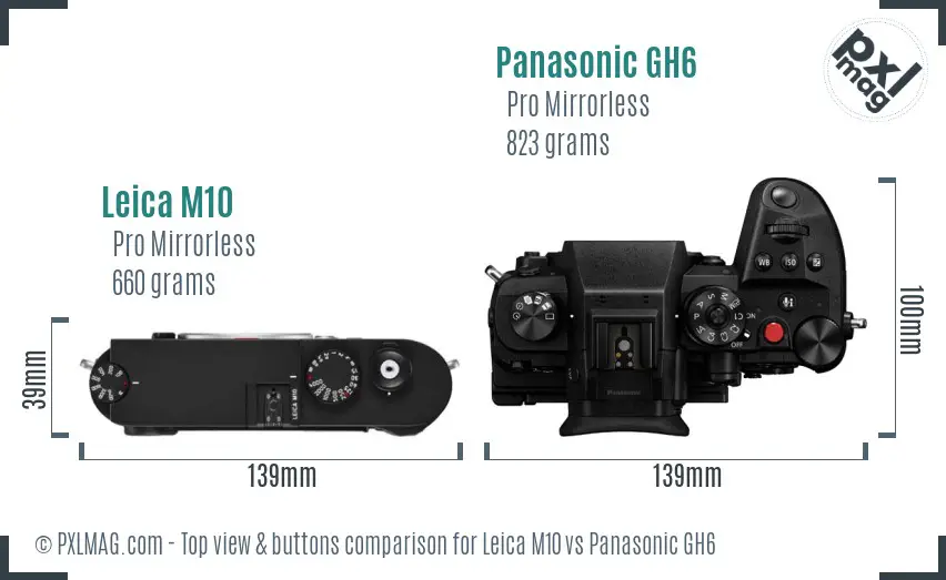 Leica M10 vs Panasonic GH6 top view buttons comparison Leica M10 vs Panasonic GH6 top view buttons comparison