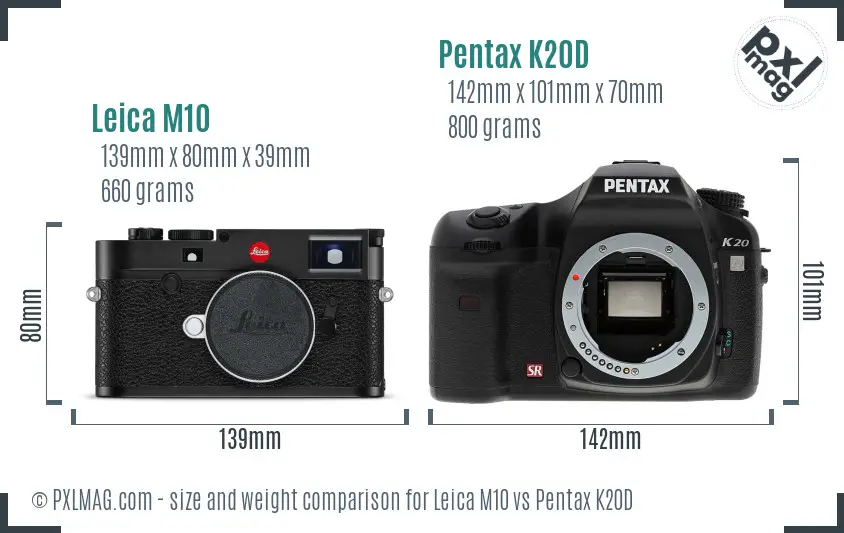 Leica M10 vs Pentax K20D size comparison