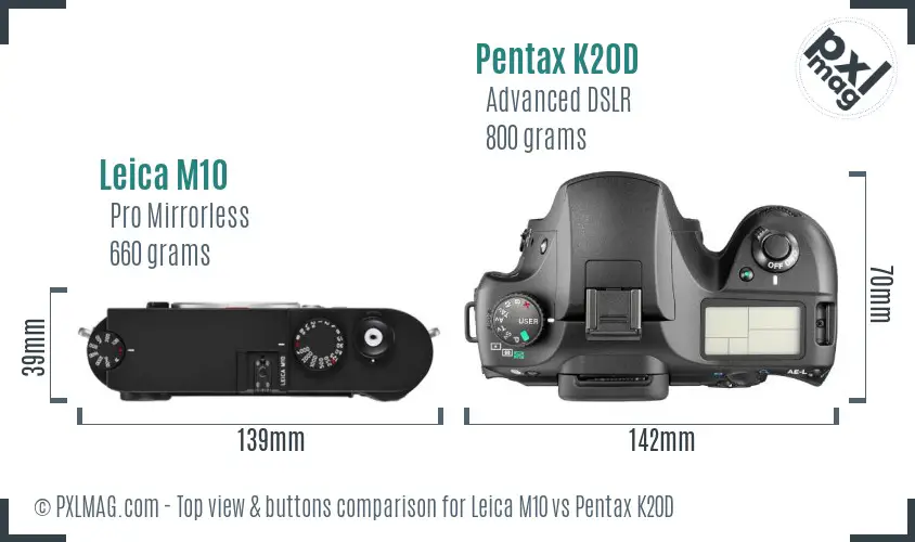 Leica M10 vs Pentax K20D top view buttons comparison