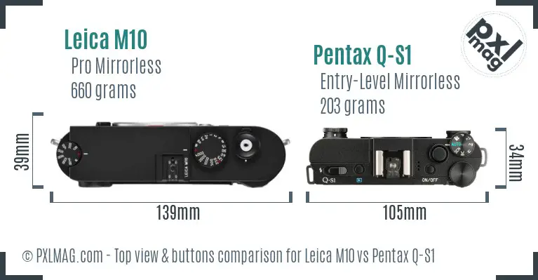 Leica M10 vs Pentax Q-S1 top view buttons comparison