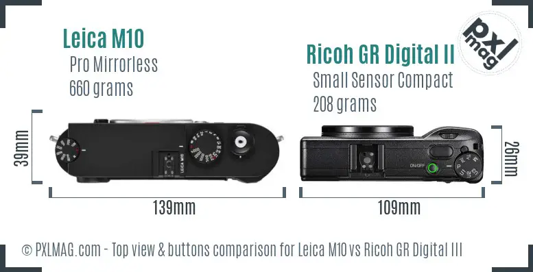 Leica M10 vs Ricoh GR Digital III top view buttons comparison