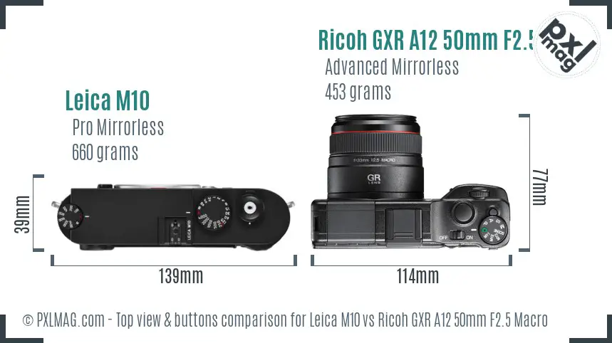 Leica M10 vs Ricoh GXR A12 50mm F2.5 Macro top view buttons comparison