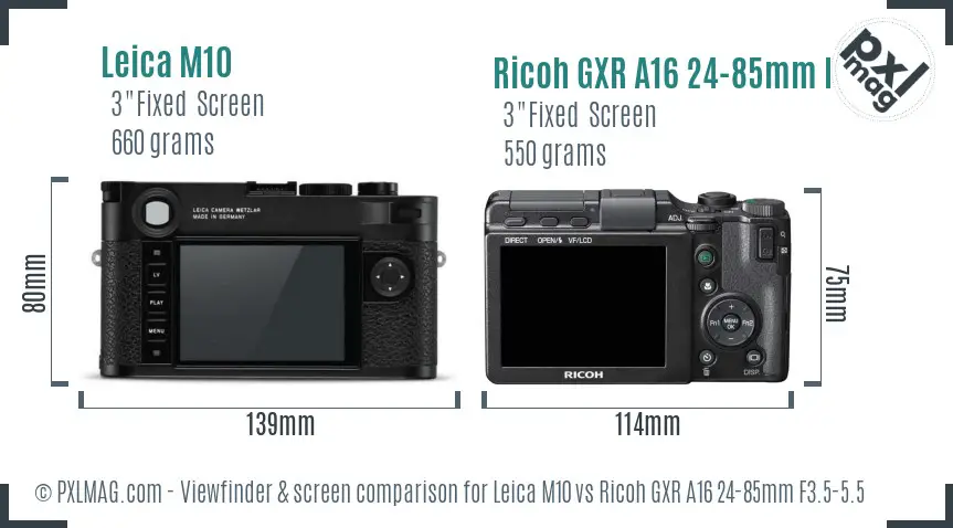 Leica M10 vs Ricoh GXR A16 24-85mm F3.5-5.5 Screen and Viewfinder comparison
