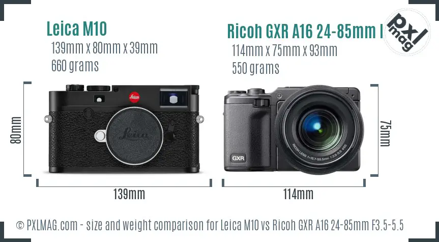 Leica M10 vs Ricoh GXR A16 24-85mm F3.5-5.5 size comparison