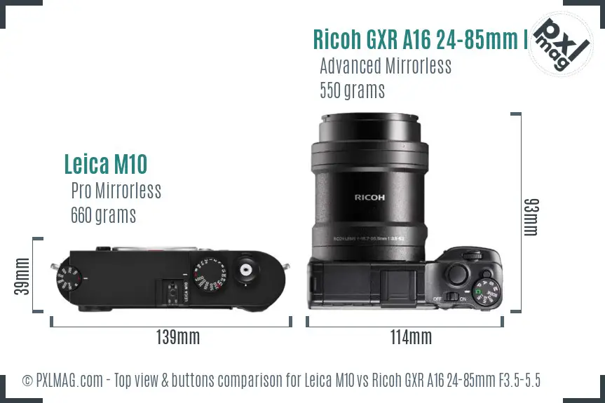Leica M10 vs Ricoh GXR A16 24-85mm F3.5-5.5 top view buttons comparison