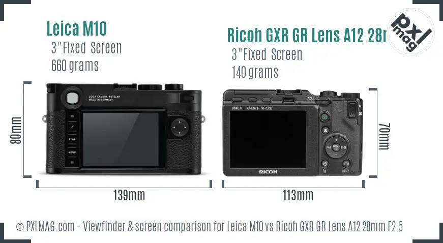 Leica M10 vs Ricoh GXR GR Lens A12 28mm F2.5 Screen and Viewfinder comparison