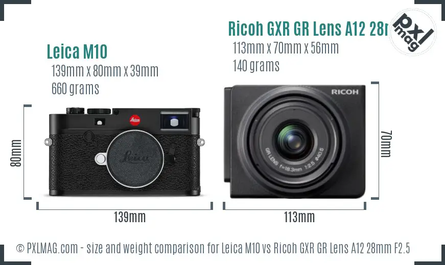 Leica M10 vs Ricoh GXR GR Lens A12 28mm F2.5 size comparison