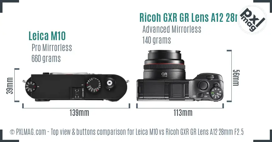 Leica M10 vs Ricoh GXR GR Lens A12 28mm F2.5 top view buttons comparison