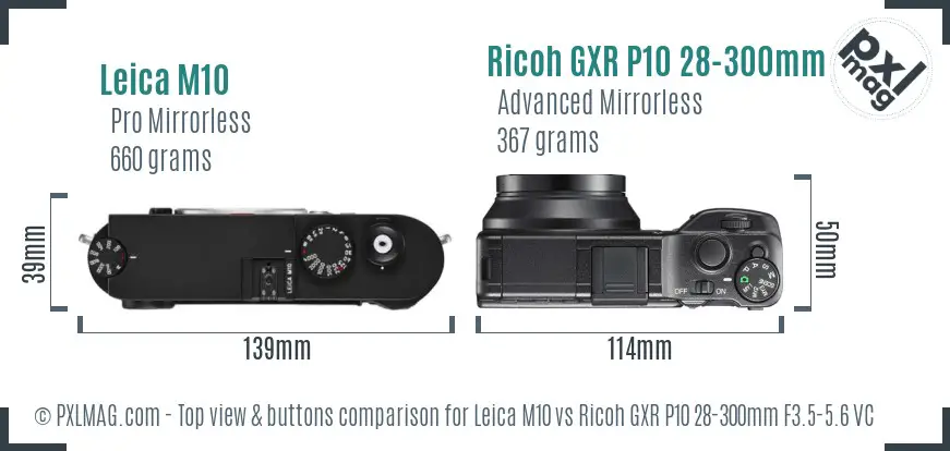 Leica M10 vs Ricoh GXR P10 28-300mm F3.5-5.6 VC top view buttons comparison Leica M10 vs Ricoh GXR P10 28-300mm F3.5-5.6 VC top view buttons comparison
