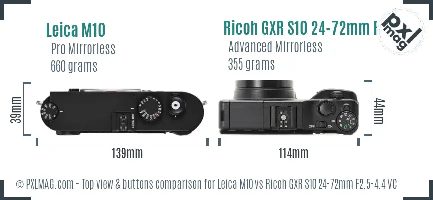 Leica M10 vs Ricoh GXR S10 24-72mm F2.5-4.4 VC top view buttons comparison