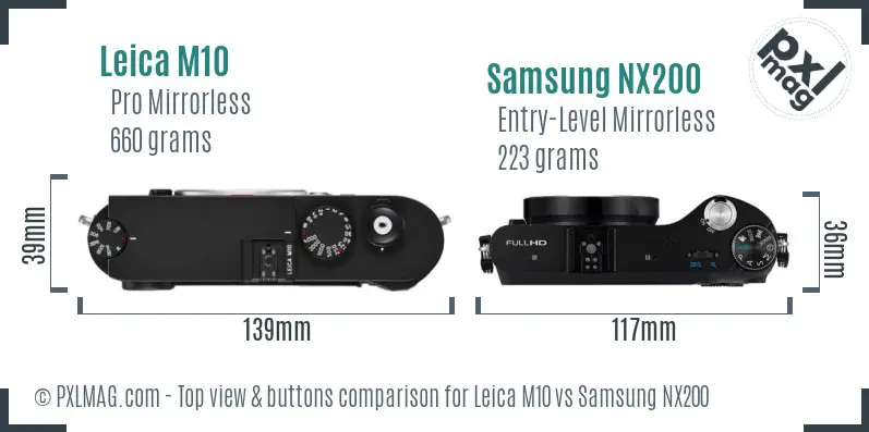 Leica M10 vs Samsung NX200 top view buttons comparison