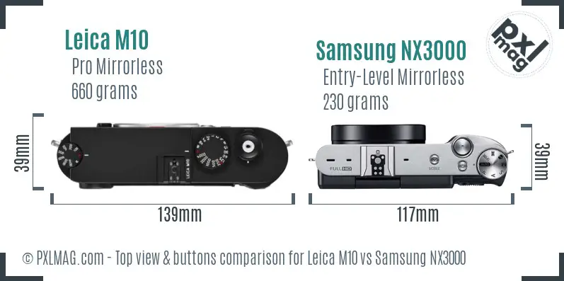 Leica M10 vs Samsung NX3000 top view buttons comparison Leica M10 vs Samsung NX3000 top view buttons comparison