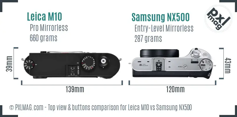 Leica M10 vs Samsung NX500 top view buttons comparison