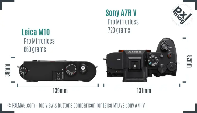Leica M10 vs Sony A7R V top view buttons comparison