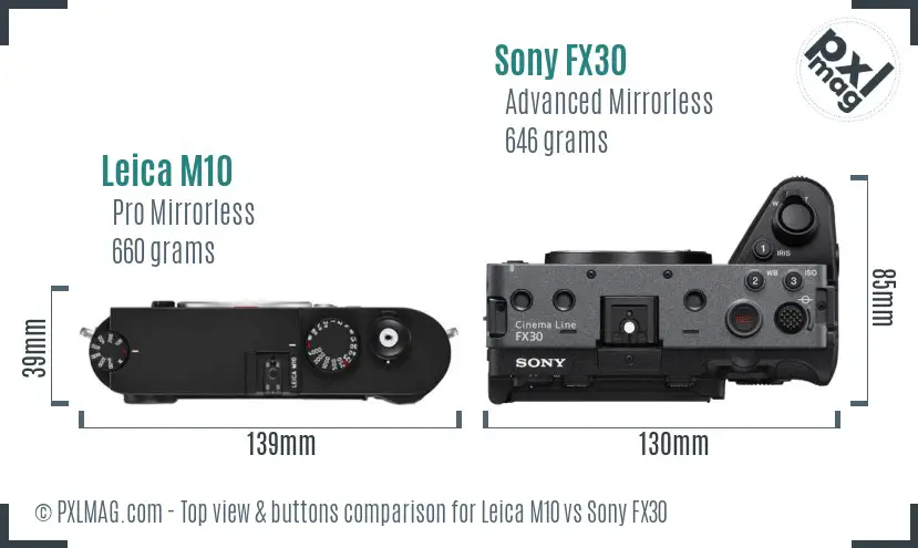 Leica M10 vs Sony FX30 top view buttons comparison Leica M10 vs Sony FX30 top view buttons comparison