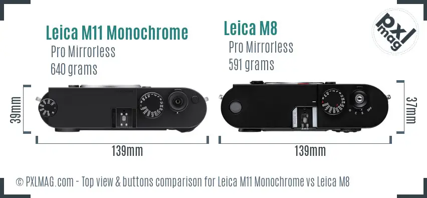 Leica M11 Monochrome vs Leica M8 top view buttons comparison